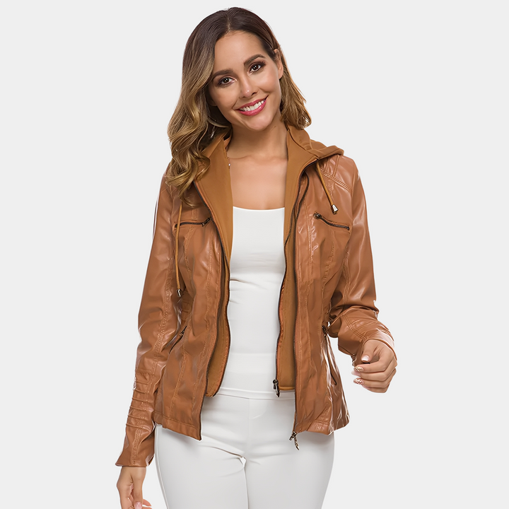 Jaylene - Trendige wasserdichte Damen-Lederjacke mit Kapuze