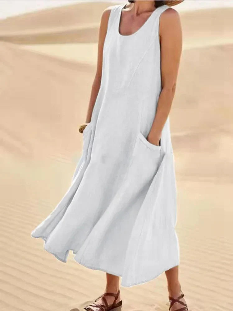 Gillian – Klassisches Ärmelloses Kleid aus Leinen und Baumwolle