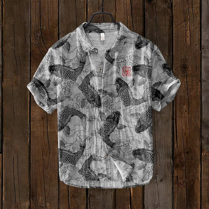 Ogie – Leinenhemd mit Künstlerischem Vintage-Fischdesign