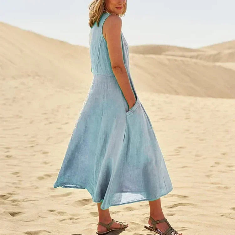 Gillian – Klassisches Ärmelloses Kleid aus Leinen und Baumwolle