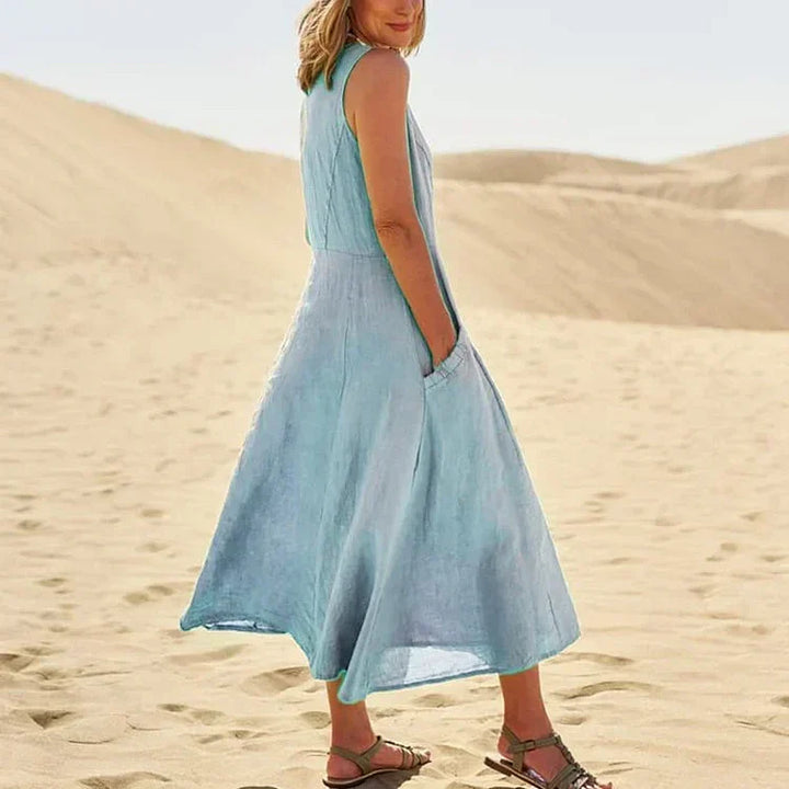 Gillian – Klassisches Ärmelloses Kleid aus Leinen und Baumwolle
