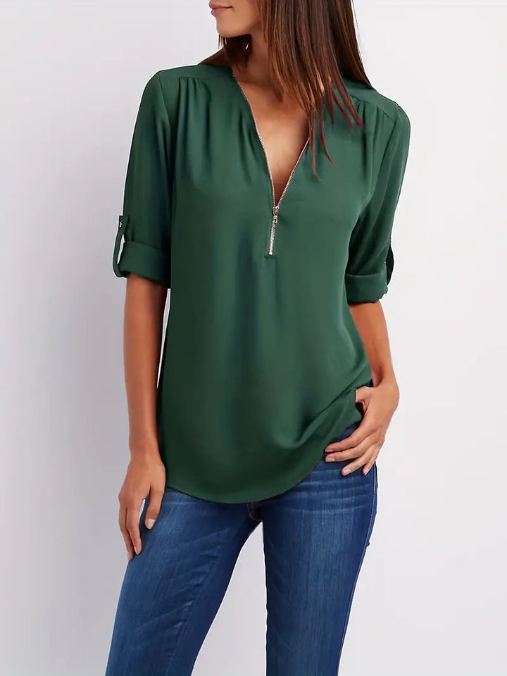 Olive - Relaxed Fit Bluse mit V-Ausschnitt