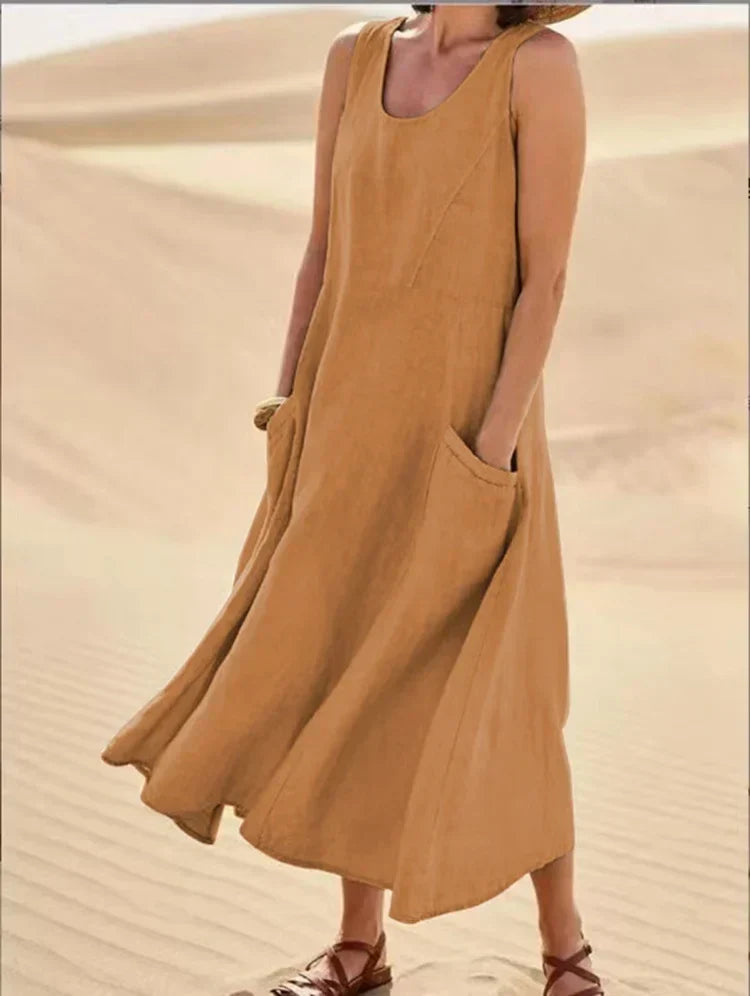 Gillian – Klassisches Ärmelloses Kleid aus Leinen und Baumwolle