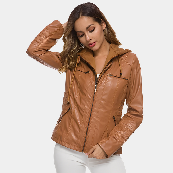 Jaylene - Trendige wasserdichte Damen-Lederjacke mit Kapuze
