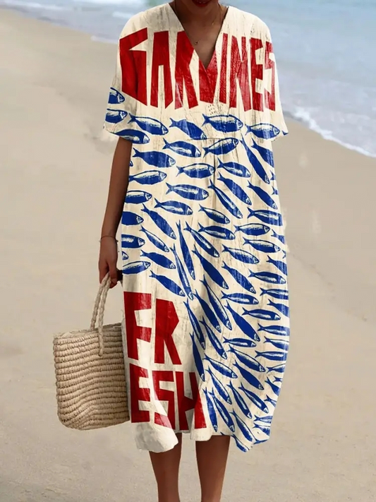 Coraline – Fließendes Kleid mit Künstlerischen Maritimen Mustern