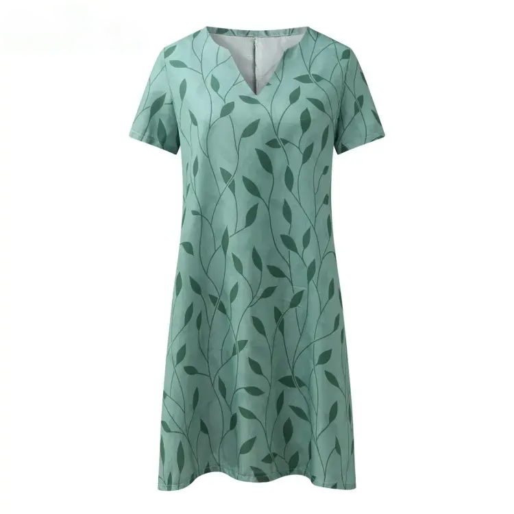 Melody - Kurzes Damenkleid mit Blattmuster und kurzen Ärmeln