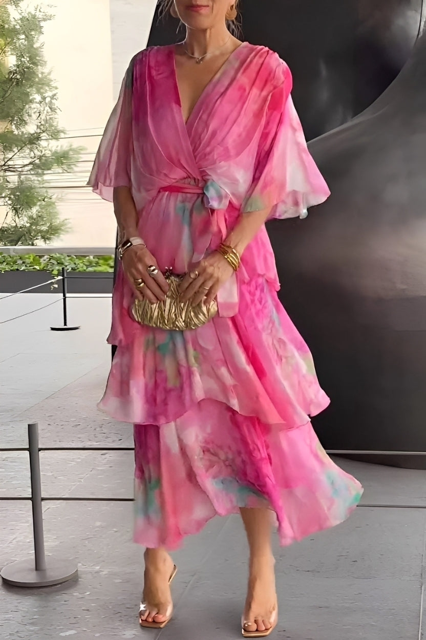 Jane - Damenkleid mit Blumenmuster und V-Ausschnitt, mehrlagig gestaltet