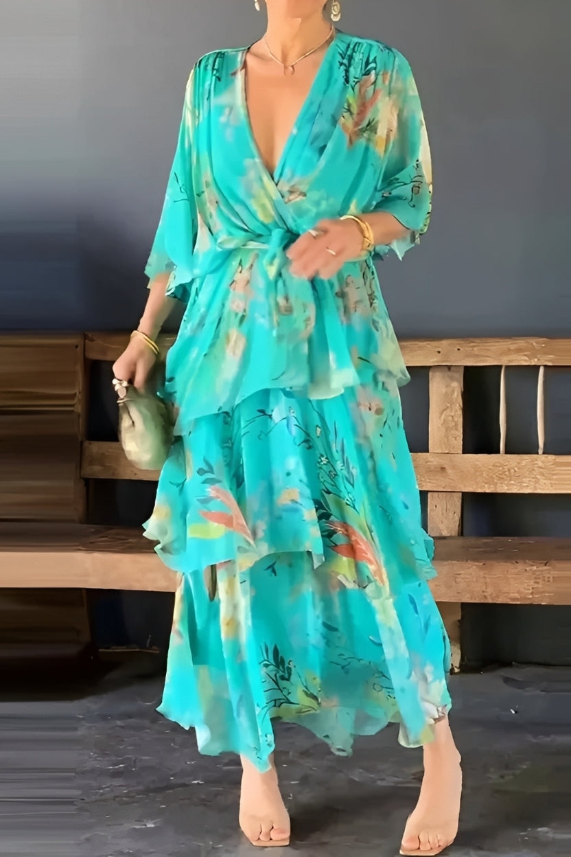 Jane - Damenkleid mit Blumenmuster und V-Ausschnitt, mehrlagig gestaltet