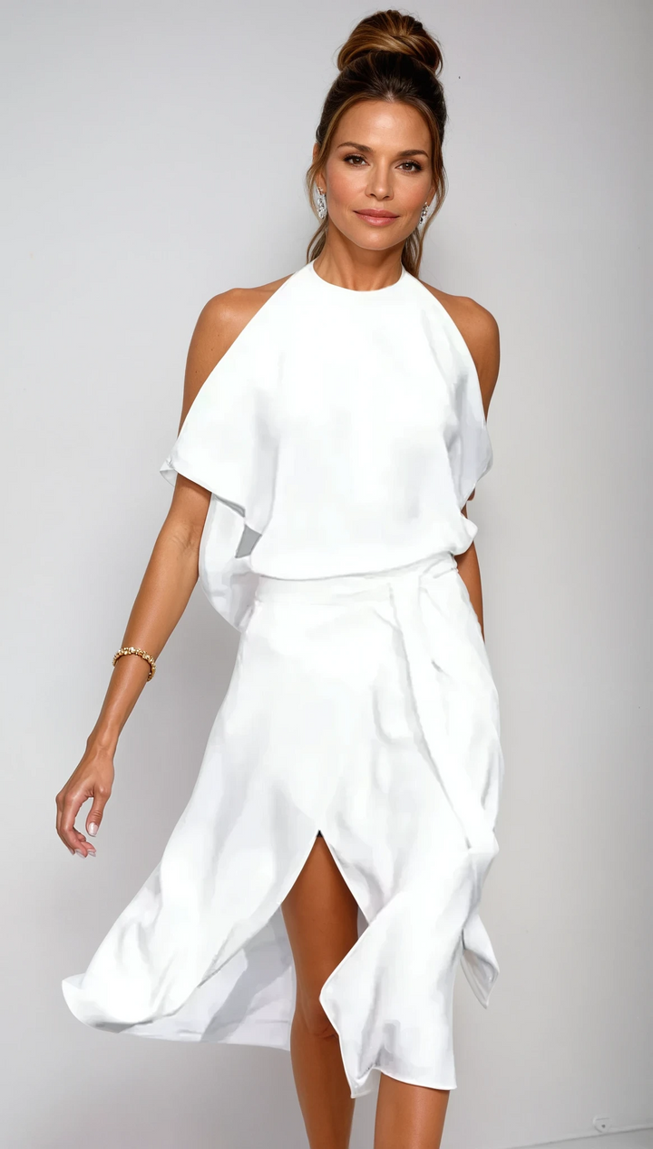 Celestine – Midi-Kleid mit schulterfreiem Design und asymmetrischem Saum
